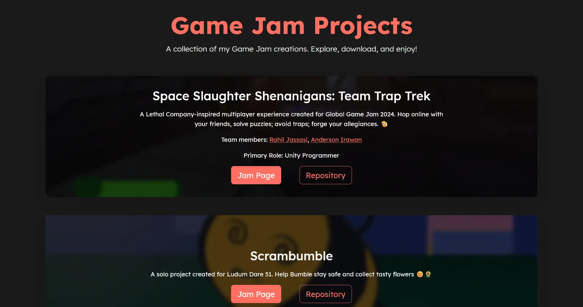 Screenshot of my website for my game jams.